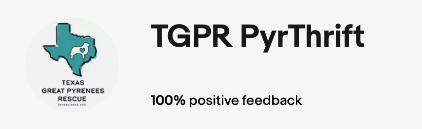 The TGPR logo - a teal texas shape with an outline of a pyrenees dog with a heart. Image has the words "TGPR PyrThrift" for the ebay store which helps support TGPR.