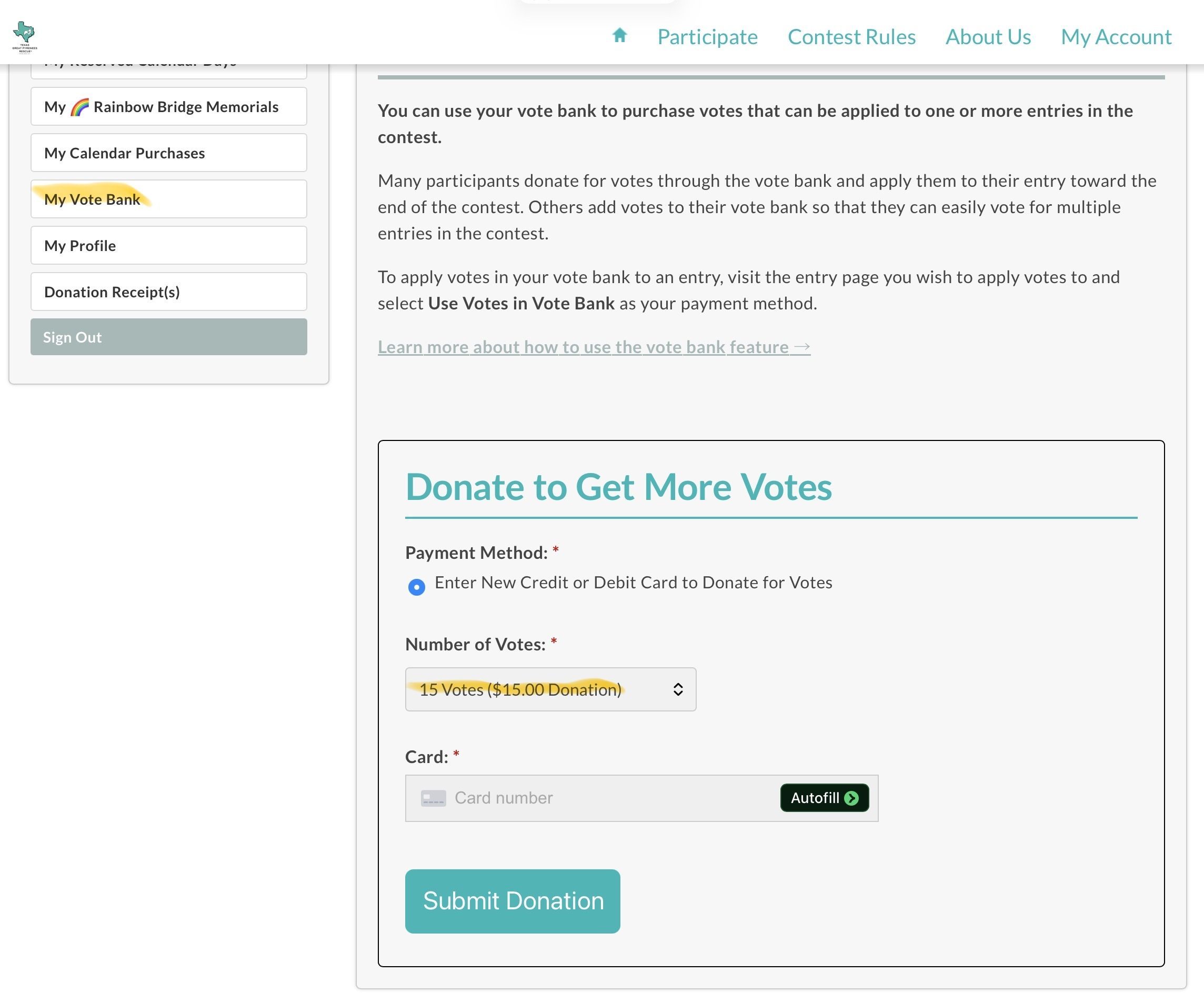 Screenshot showing how to add votes in My Vote Bank