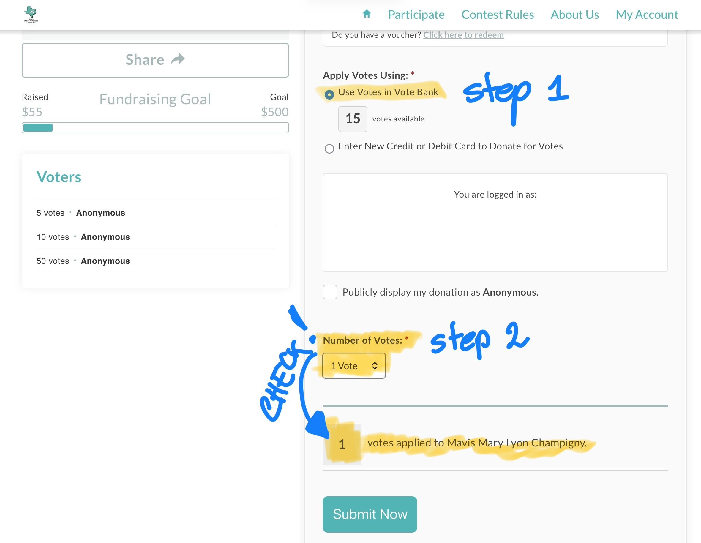Screenshot showing how to apply votes from your Vote Bank to an entry